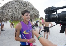 Special to the Daily News/Jason EasterlyHeather Butcher of North Port is interviewed after winning the women's leg of the 26th Annual Fitness Challenge Triathlon held at the Naples Beach Hotel and Golf Club on Sunday morning. Participants in the event ran 3.1 miles, biked 9.3 mile and swam 1/4 mile in the Gulf of Mexico.
